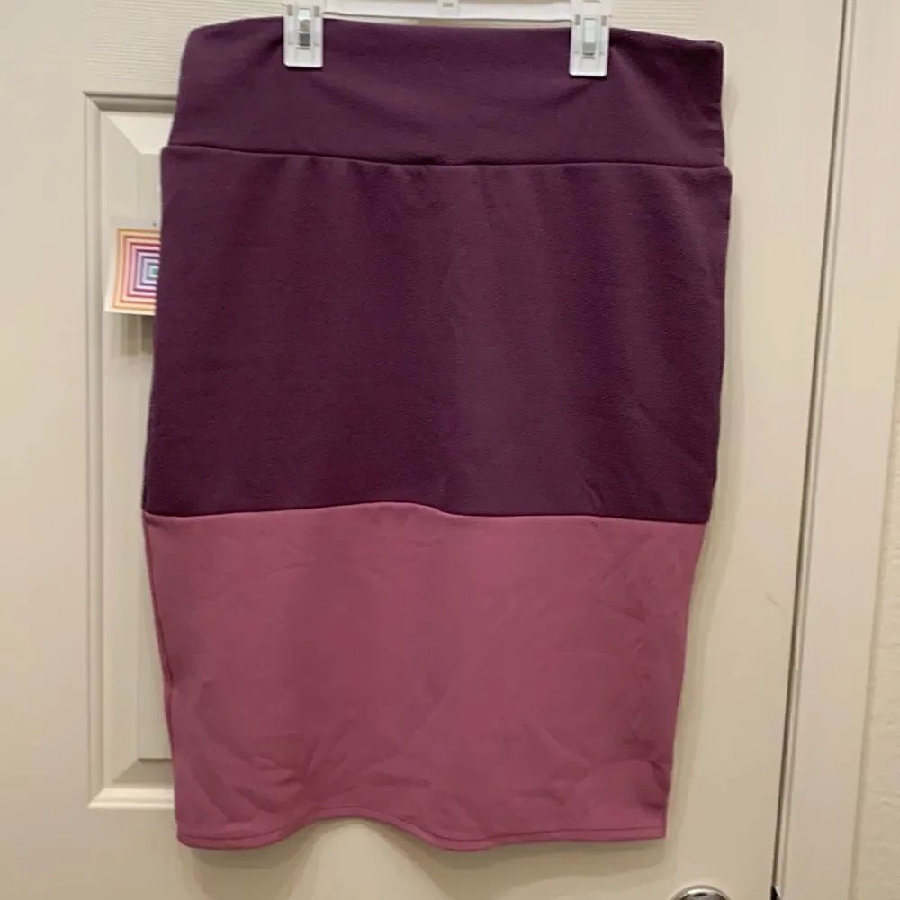 LuLaRoe Cassie XL Purple Lavender Pink Color Block Midi Skirt New Stretch